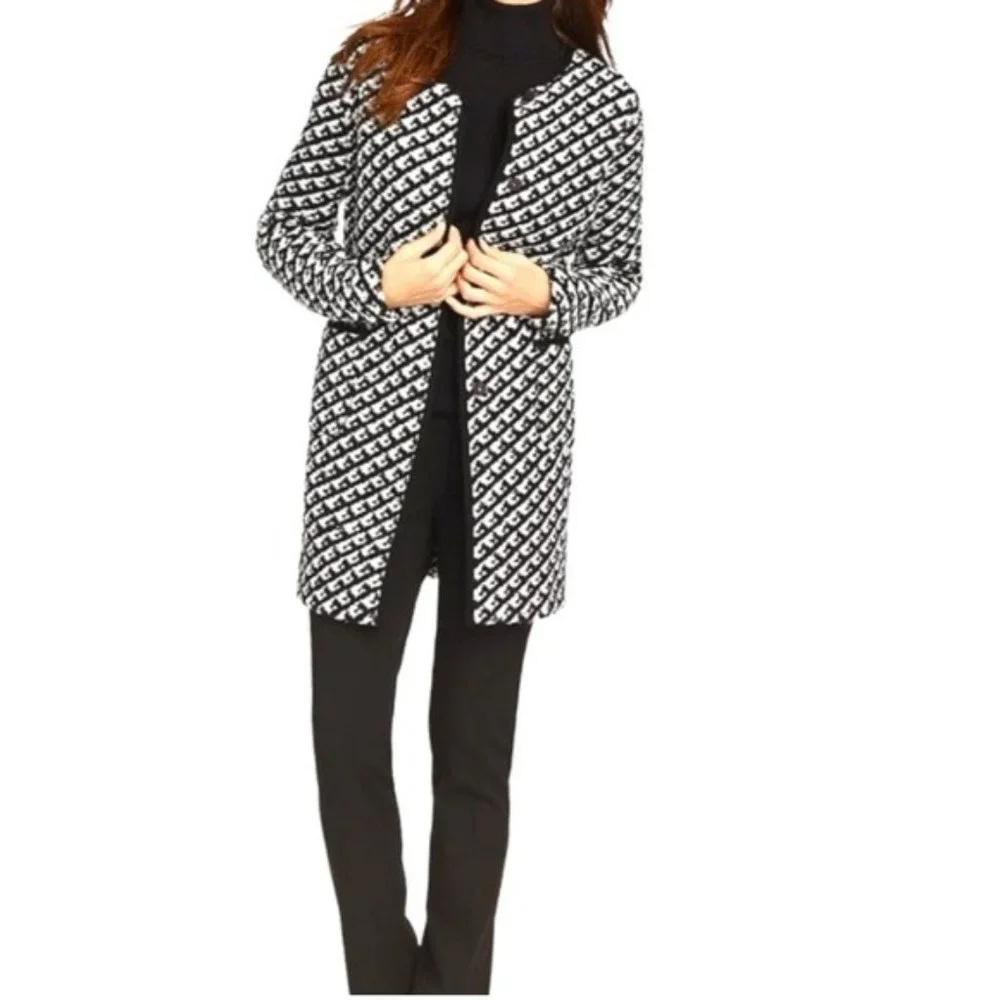 Talbots Chunky Knit Sweater Jacket in Black and White ArrowKnit Lonngline Topper - Picture 1 of 7